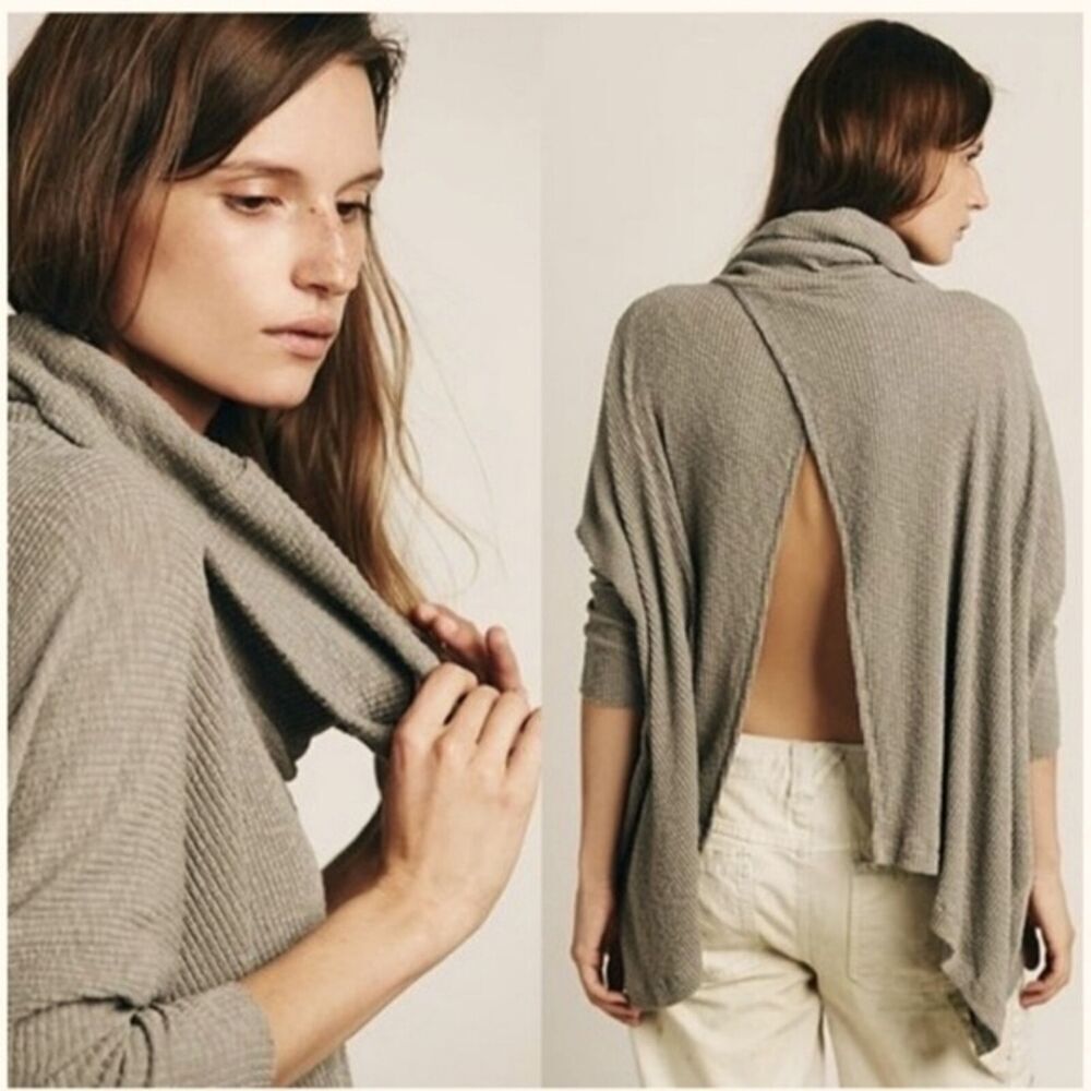 Free People World Traveler Cowl Pullover Open Split Back Top FP Beach Taupe S